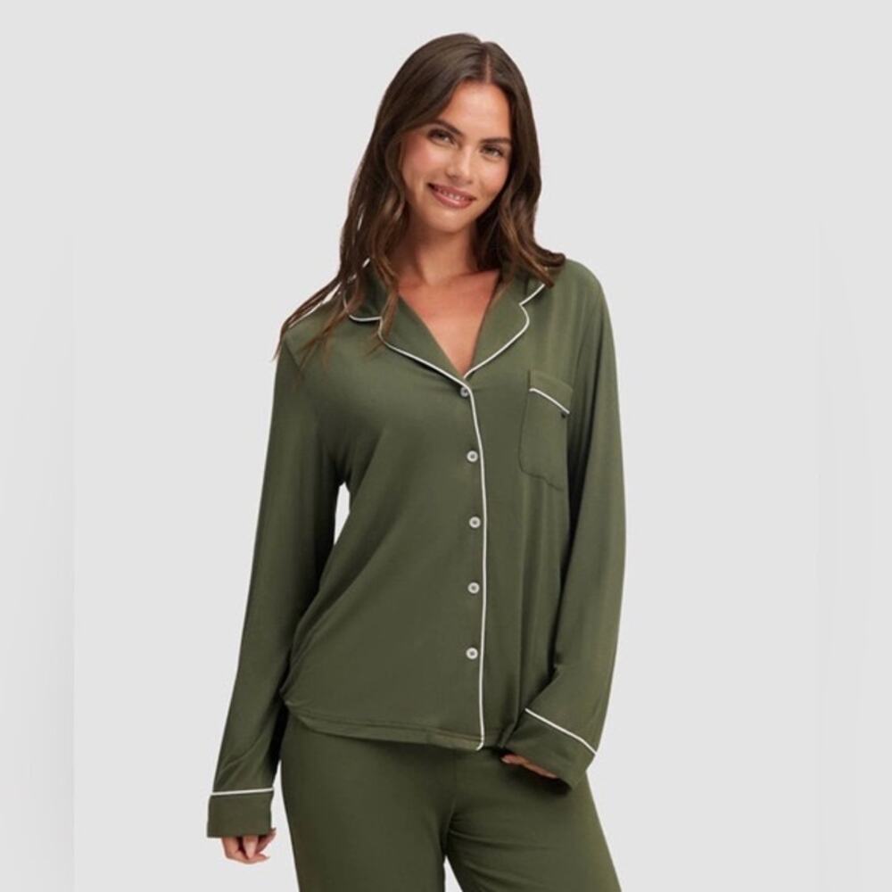 NWT Cozy Earth Bamboo Stretch Knit Classic Long Sleeve Pajama Top Olive Green M